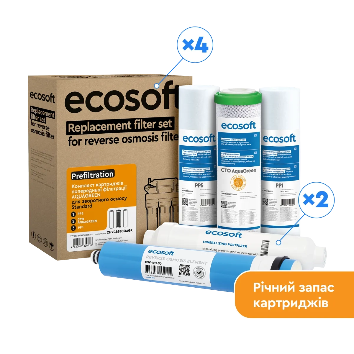 Річний запас картриджів Ecosoft для фільтра зворотного осмосу Ecosoft Standard PRO