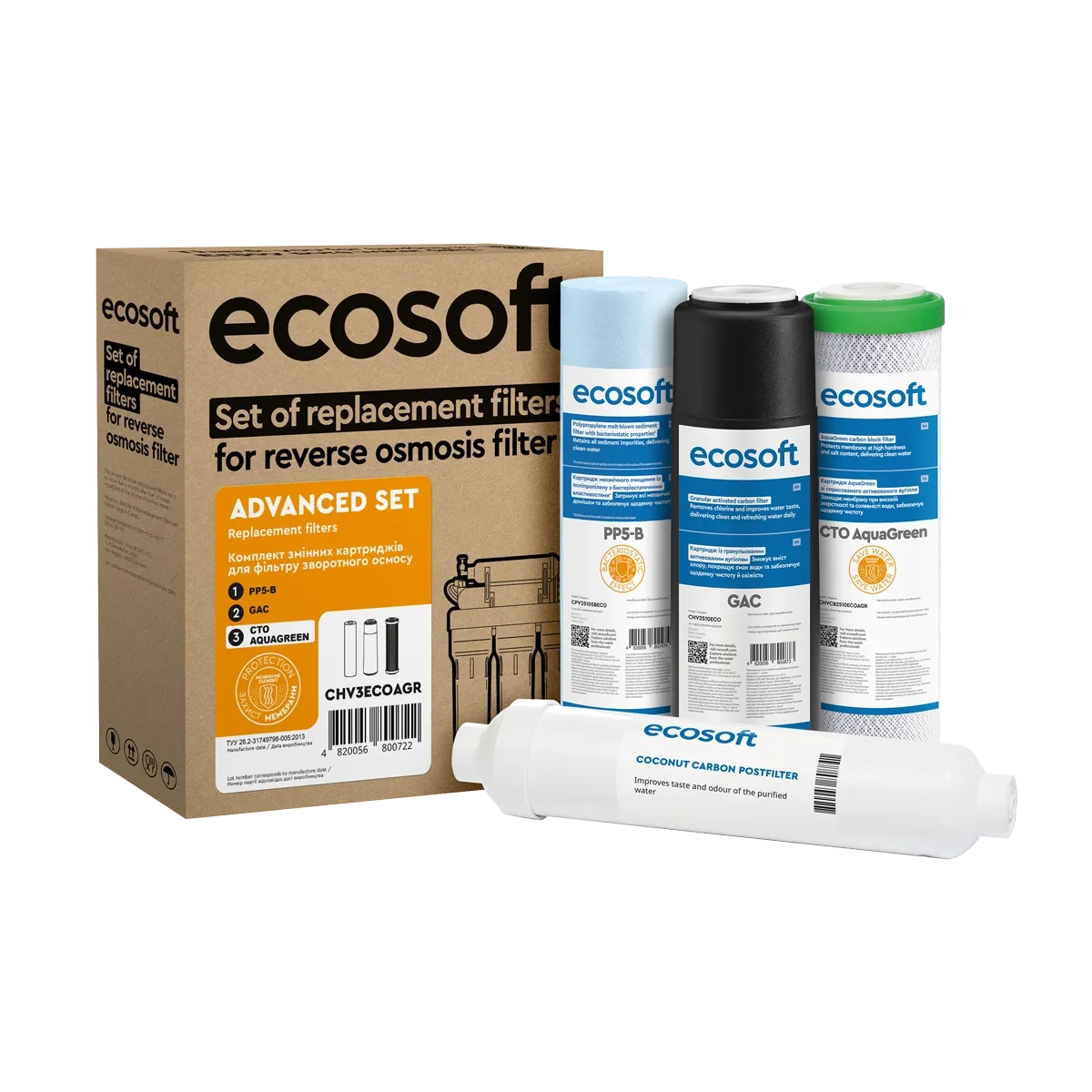 Комплект з 4 картриджів для фільтра зворотного осмосу Ecosoft Absolute без мінералізатора